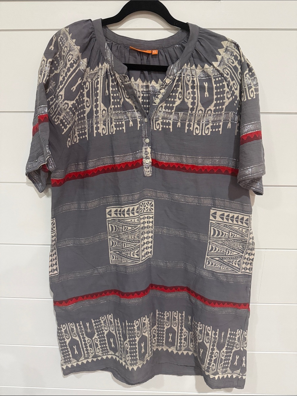 Oliphant cotton Gray Aztec inspired Short-Sleeve mini dress